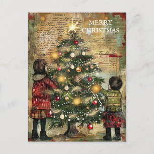 Kerstkind Vintage Versiert Kerstboom Feestdagenkaart