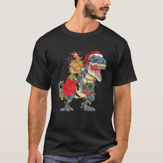 Kerstkip Riding Dinosaur T Rex Tree Light T-shirt (Voorkant)