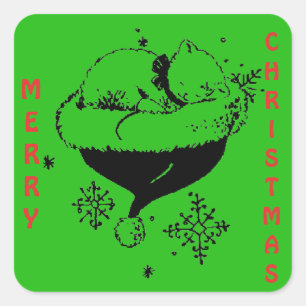 Kerstkitten slapen in Santa's Pet BW Design Vierkante Sticker