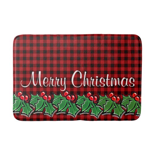 Kerstklassieker Red Plaid Holly bessen bladeren Badmat (Voorkant)