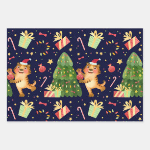 Kerstkleine tijger in de kerstboom - cadeaupatroon inpakpapier vel