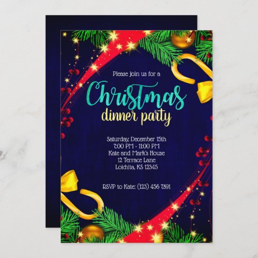 Kerstkleuren Dinner Party Uitnodigen Kaart (Voorkant / Achterkant)