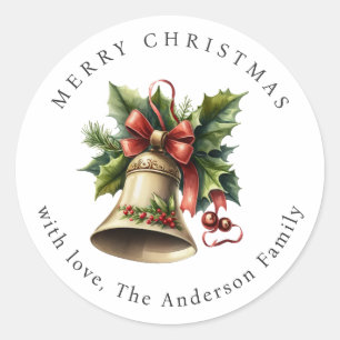Kerstklok met hulstlint en rode bessen ronde sticker