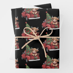 Kerstkoe Highland Koe in Truck Farm Kerstmis Inpakpapier Vel