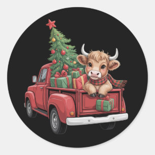 Kerstkoe  Highland Koe in Truck Farm Xmas  Ronde Sticker