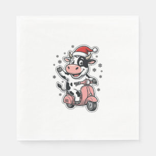 Kerstkoe rijdend op roze scooter vintage vector_1 servet