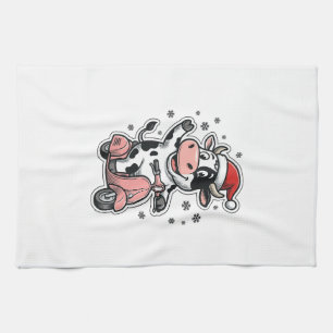 Kerstkoe rijdend op roze scooter vintage vector_1 theedoek