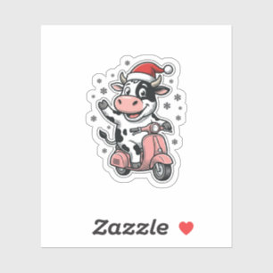 Kerstkoe rijdt op roze scooter Vintage Vector_1 Sticker