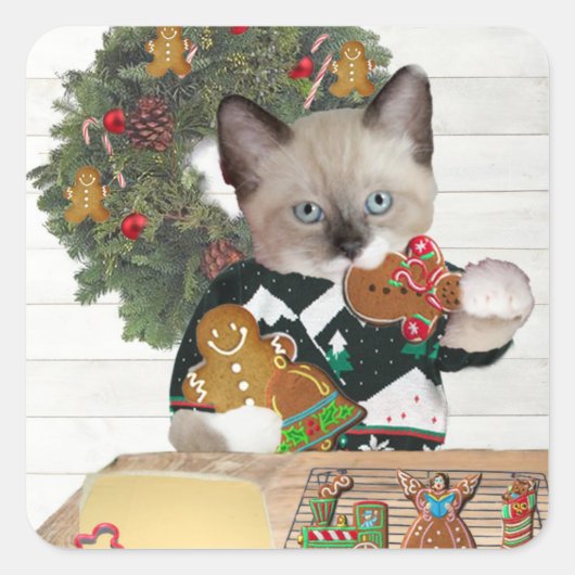 Kerstkoekje Kitten Square Sticker (Voorkant)