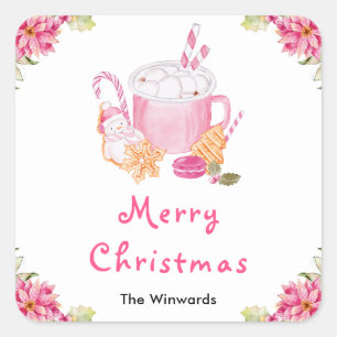 Kerstkoekjes en Cacao Roze Prettig Kerstfeest Vierkante Sticker