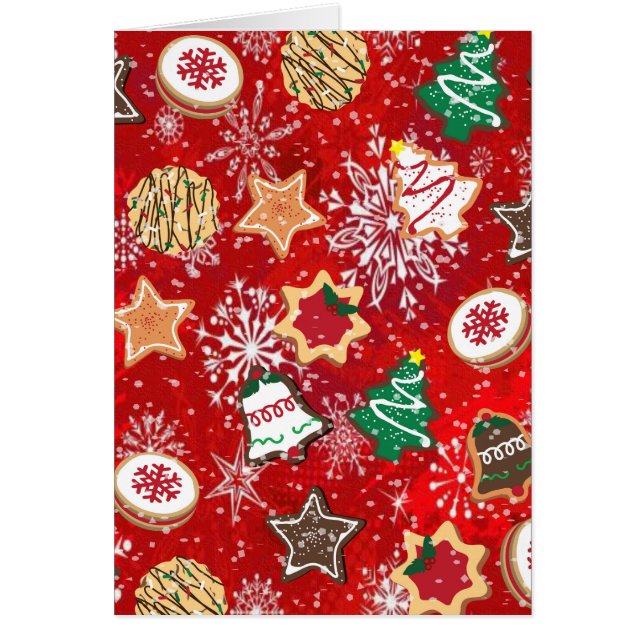 Kerstkoekjes en sneeuwvlokken op rood (Voorkant)