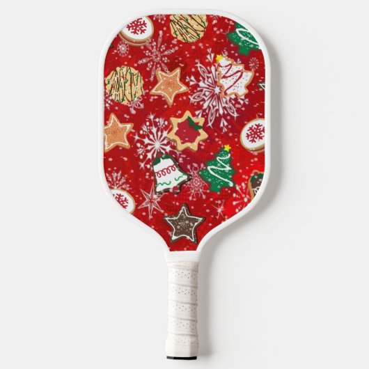 Kerstkoekjes en sneeuwvlokken op rood pickleball paddle (Achterkant)