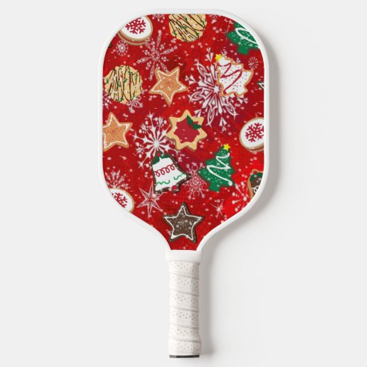 Kerstkoekjes en sneeuwvlokken op rood pickleball paddle (Voorkant)