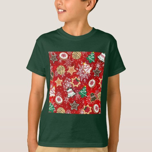 Kerstkoekjes en sneeuwvlokken op rood t-shirt (Voorkant)