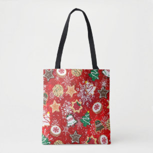 Kerstkoekjes en sneeuwvlokken op rood tote bag
