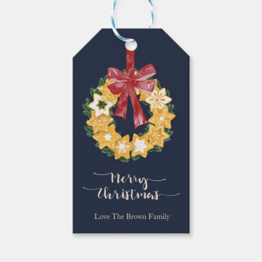 Kerstkoekjes met blauwe grijze achtergrond cadeaulabel (Voorkant)