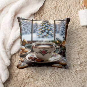 Kerstkoffie en koekjes Winter Window Scene Kussen