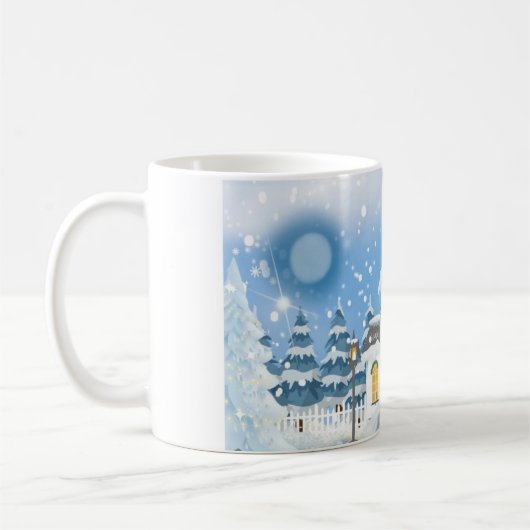 Kerstkoffie Mok met kleine witte sneeuwkerk (Links)