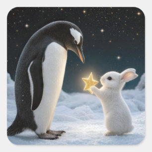 Kerstkonijn en pinguïn met neonster vierkante sticker