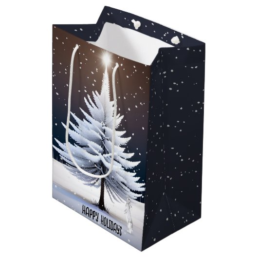 Kerstkonijn met witte dennenboom medium cadeauzakje (Voorkant Gekanteld)