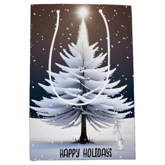 Kerstkonijn met witte dennenboom medium cadeauzakje (Voorkant)