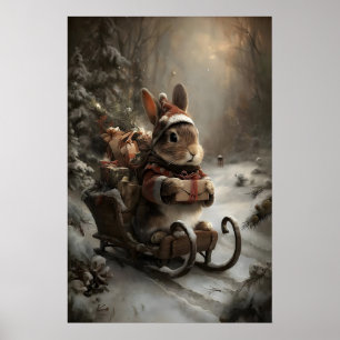 Kerstkonijn op slee, knusse winterdierkunst poster