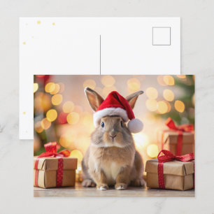 Kerstkonijn zittend met een kerstmuts feestdagenkaart