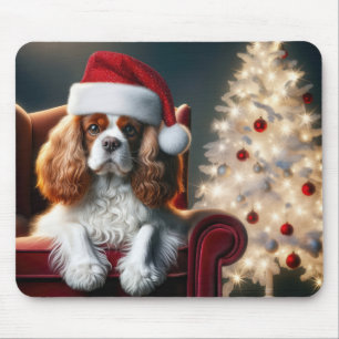 Kerstkoning Charles Spaniel op een rode stoel Muismat