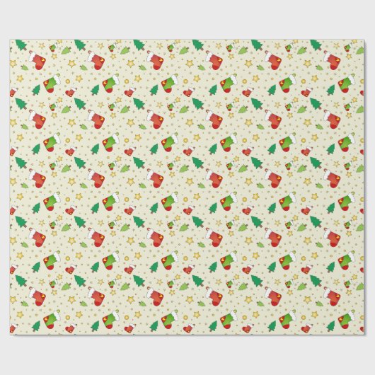 kerstkousen, bomen en sterren cadeaupapier (Vlak)