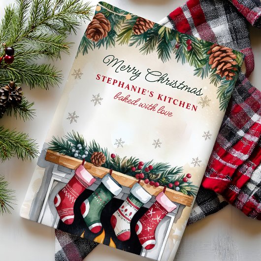 Kerstkousen over open haard gepersonaliseerd theedoek