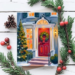 Kerstkrans Aquarel Rood Feestdagenkaart