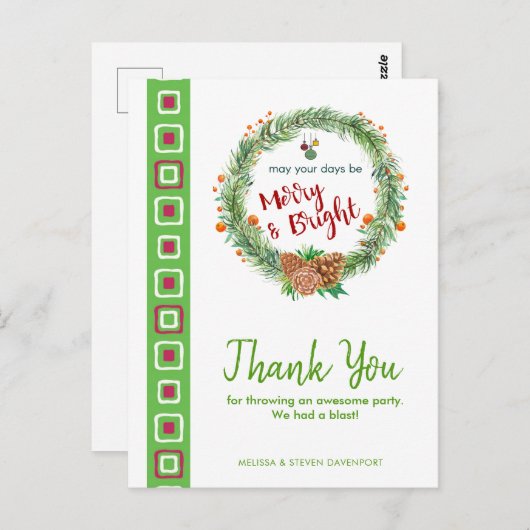 Kerstkrans Bedankt Merry & Bright Briefkaart (Voorkant / Achterkant)