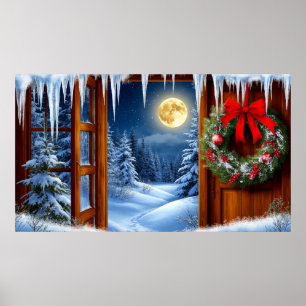 Kerstkrans 🎄 Besneeuwd Maanverlicht Bos ✨ Vertrou Poster