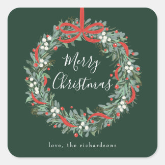 Kerstkrans bessen en strik vierkante sticker
