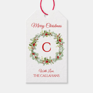 Kerstkrans cadeaubijschrift met monogram cadeaulabel
