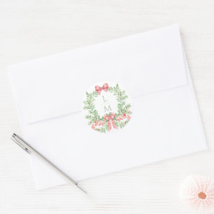 Kerstkrans Candy Cane Bow Monogram bruiloft Ronde Sticker