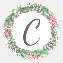 Kerstkrans Familie Kaarten Monogram Initiaal Ronde Sticker
