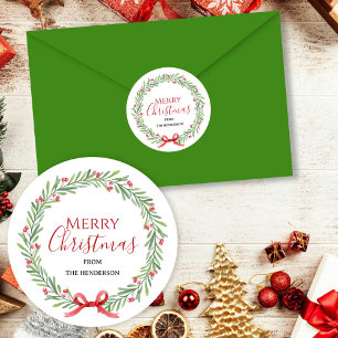 Kerstkrans Gelukkig Kerstfeest Familienaam Ronde Sticker