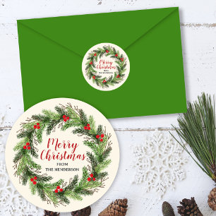 Kerstkrans Gelukkig Kerstfeest Familienaam Ronde Sticker