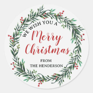 Kerstkrans Gelukkig Kerstfeest Familienaam Ronde Sticker