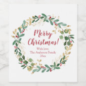 Kerstkrans groen goud rode hulstbessen wijn etiket (Enkel label)