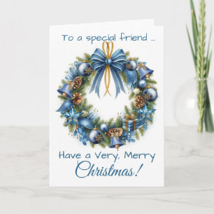 Kerstkrans in blauw en goud voor vriend feestdagen kaart