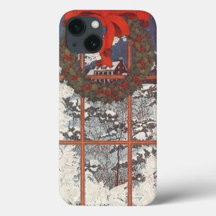 Kerstkrans in venster met sneeuw uit grootmoeders  iPhone 13 hoesje