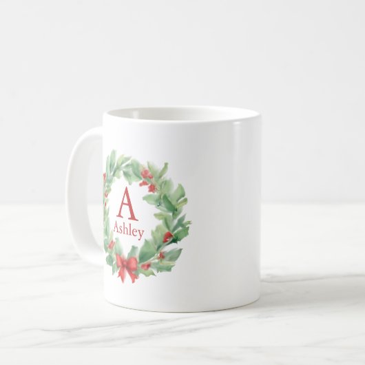 Kerstkrans in waterverf monogram en naam koffiemok (Voorkant links)