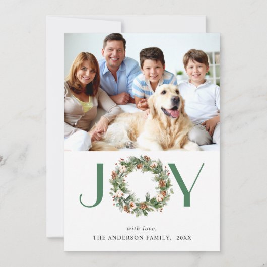 Kerstkrans met dennenappels JOY foto 4 Feestdagenkaart (Voorkant)