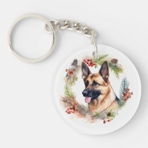 Kerstkrans met Duitse Herdershond Festieve Pup Sleutelhanger