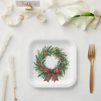 Kerstkrans met hulst en ruit Kerstmis Papieren Bordje