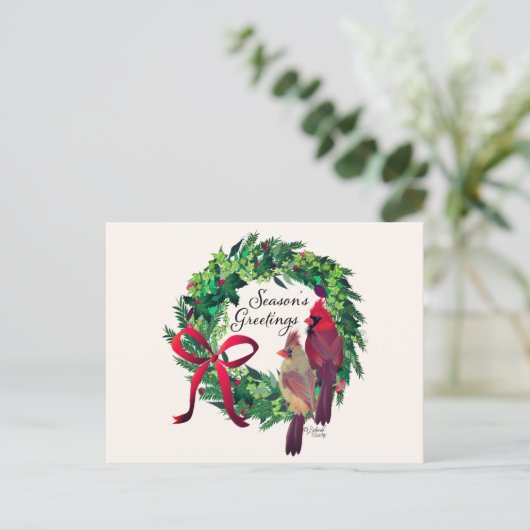 Kerstkrans met kardinalen Groet Briefkaart (Staand voorkant)