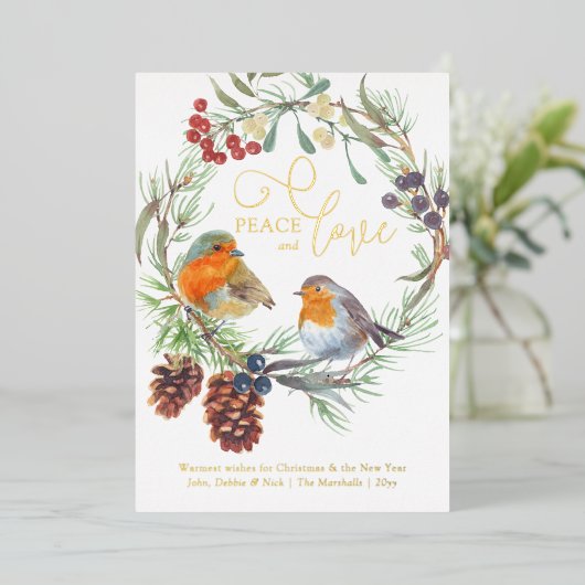 Kerstkrans met Peace & Love Robin Pijnboom Goud Folie Feestdagenkaart (Staand Voorkant)
