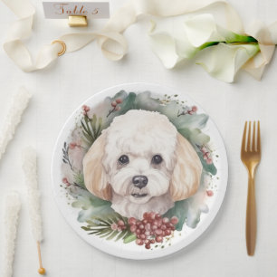 Kerstkrans met Poedel Feestelijke Pup Papieren Bordje